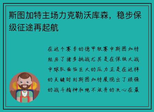 斯图加特主场力克勒沃库森，稳步保级征途再起航